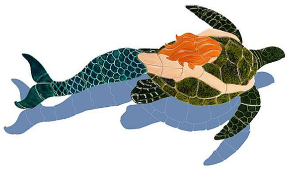 Redheaded Mermaid with Turtle Shadow Swimming Pool Mosaic 
