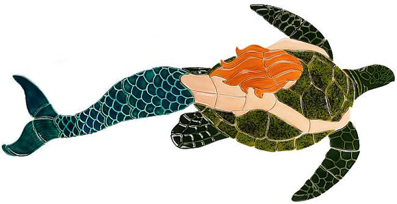 Redheaded Mermaid with Turtle Swimming Pool Mosaic