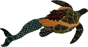 Brunette Mermaid with Turtle Swimming Pool Mosaic