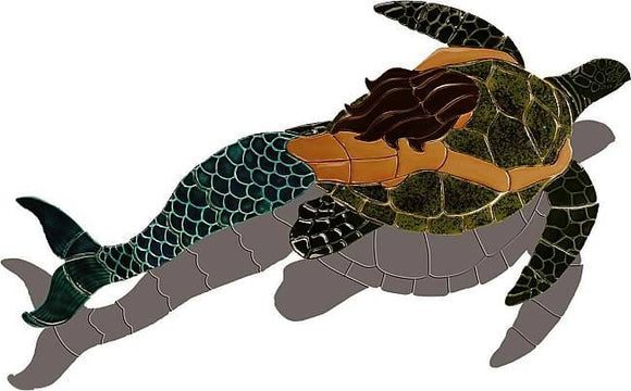 Brunette Mermaid with Turtle Shadow Swimming Pool Mosaic 
